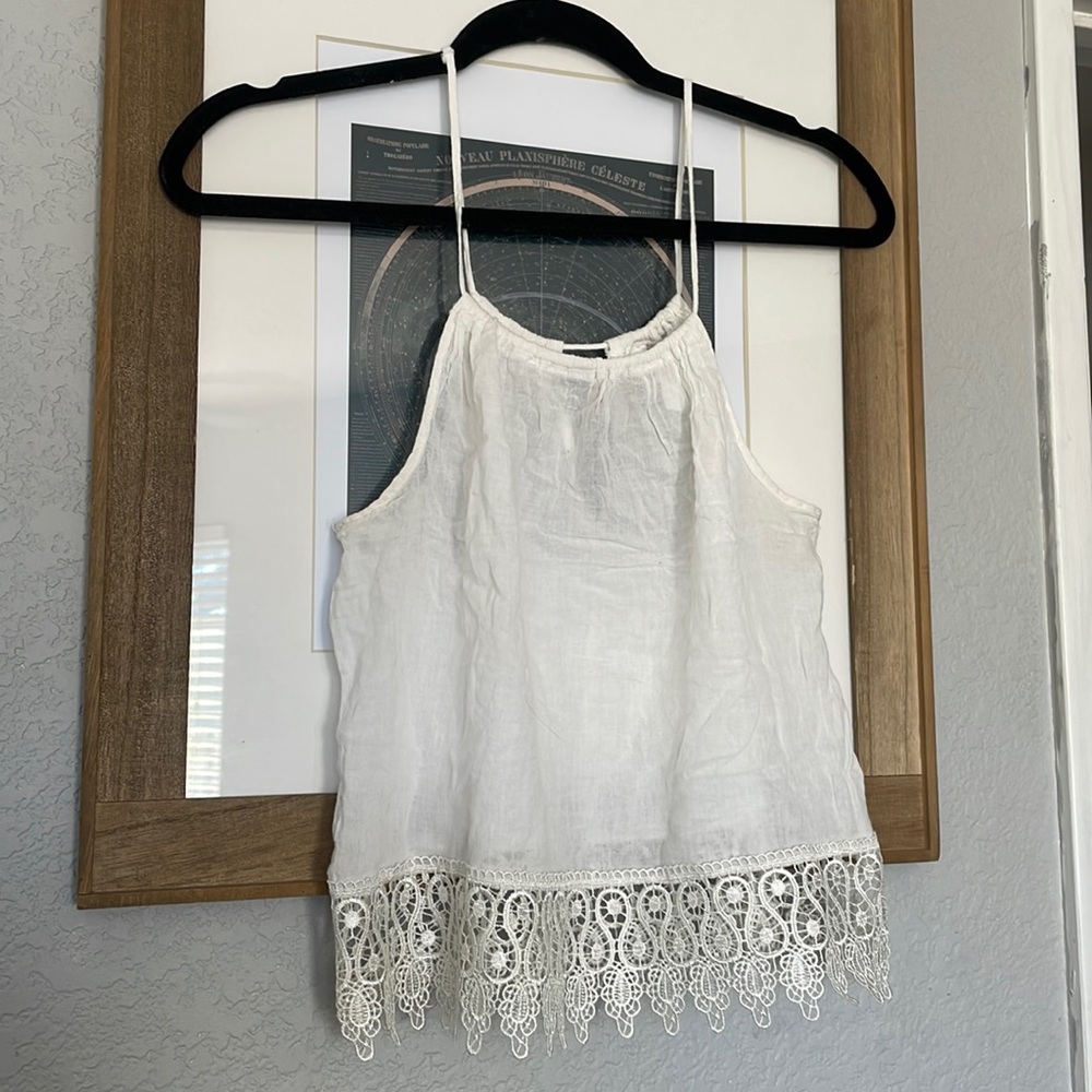 White linen top with crochet trim